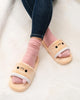 Smoko Pearl Boba Tea slide slippers on feet with socks